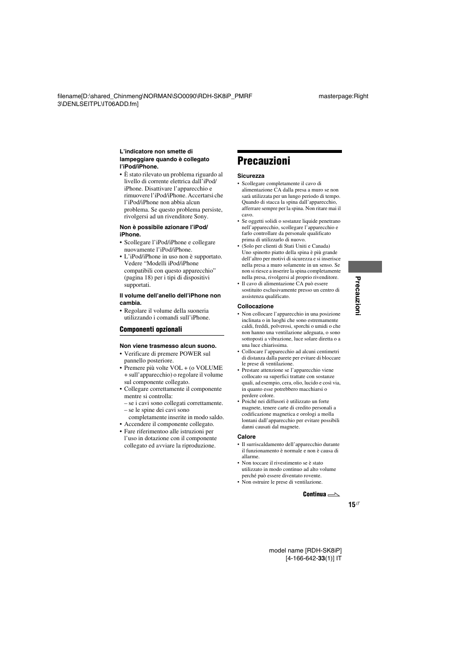 Precauzioni | Sony RDH-SK8iP User Manual | Page 71 / 96
