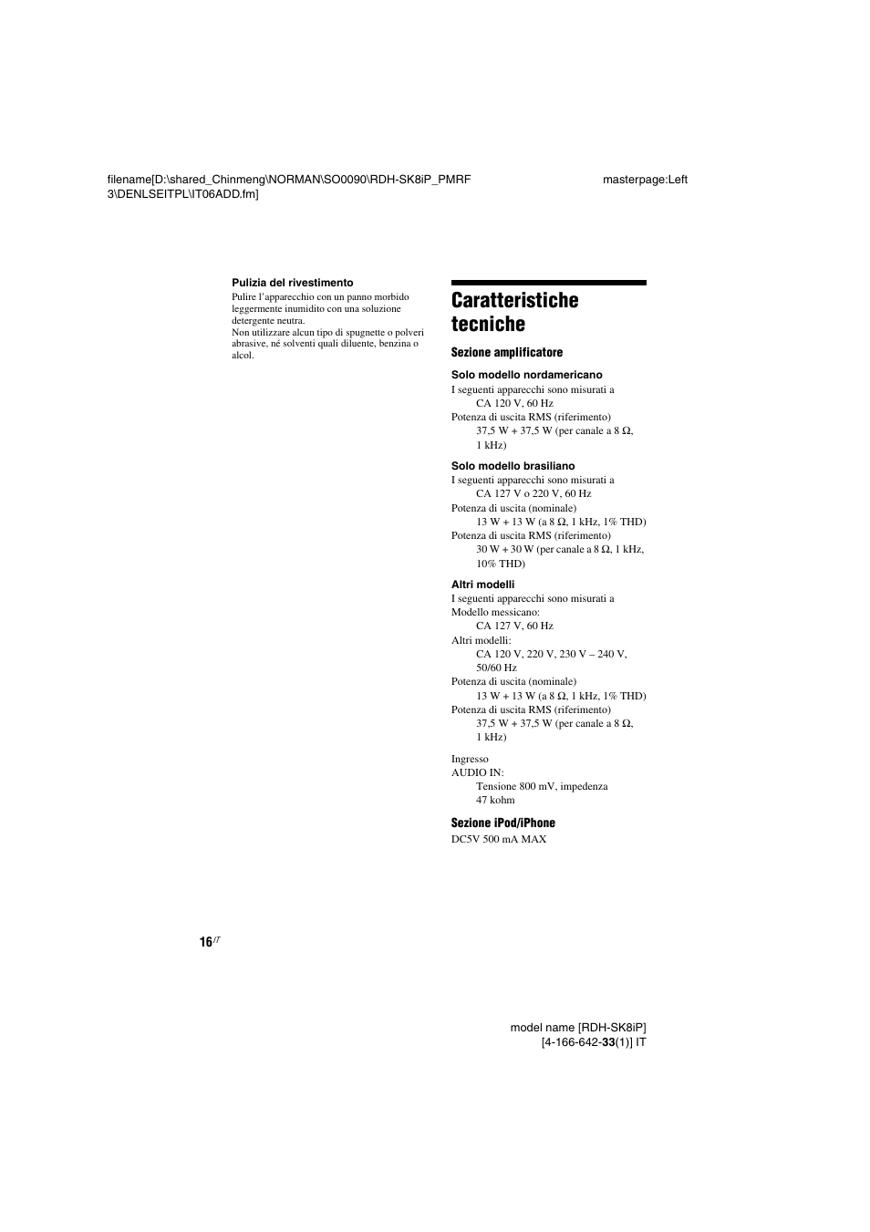 Caratteristiche tecniche | Sony RDH-SK8iP User Manual | Page 72 / 96