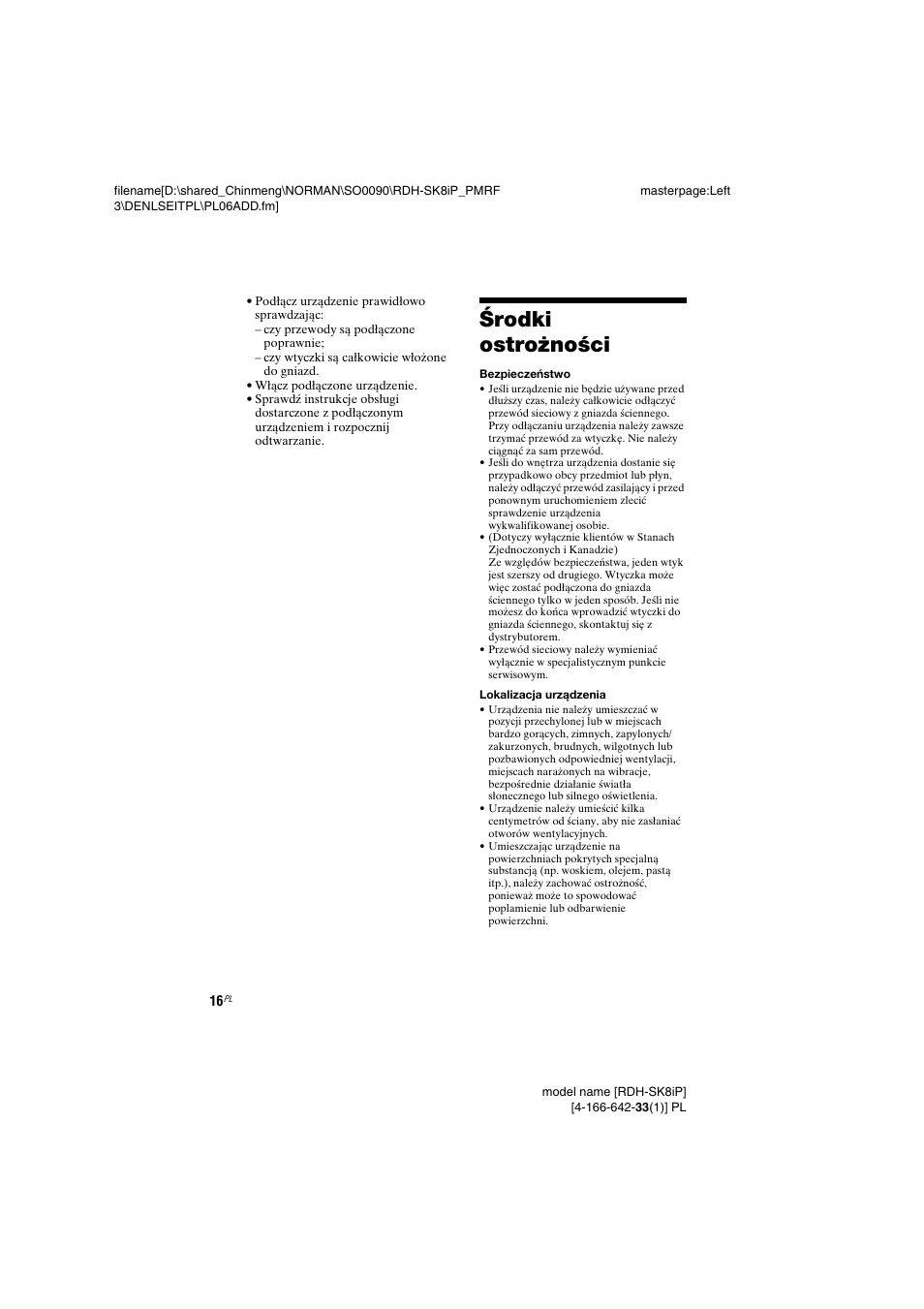 Środki ostrożności | Sony RDH-SK8iP User Manual | Page 90 / 96