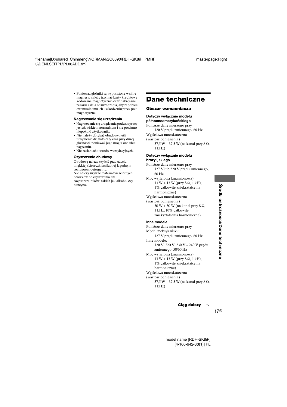 Dane techniczne | Sony RDH-SK8iP User Manual | Page 91 / 96