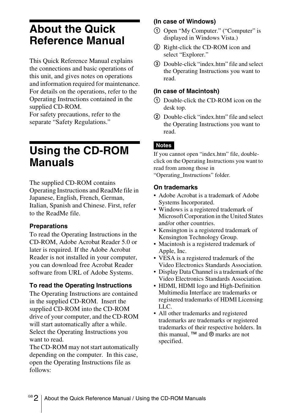 About the quick reference manual, Using the cd-rom manuals | Sony VPL-EW5 User Manual | Page 18 / 107