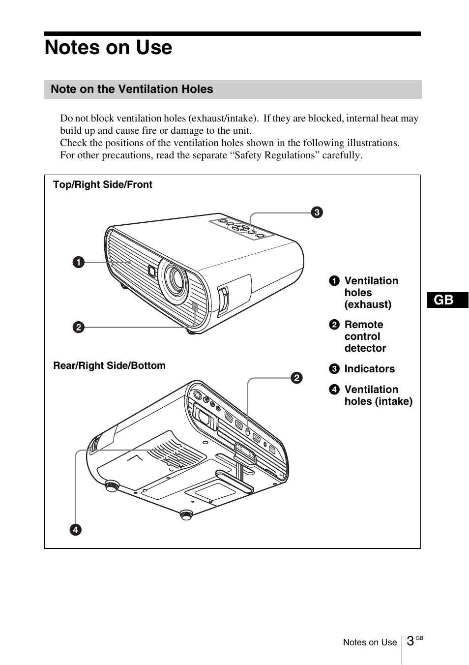 Notes on use, Note on the ventilation holes | Sony VPL-EW5 User Manual | Page 19 / 107