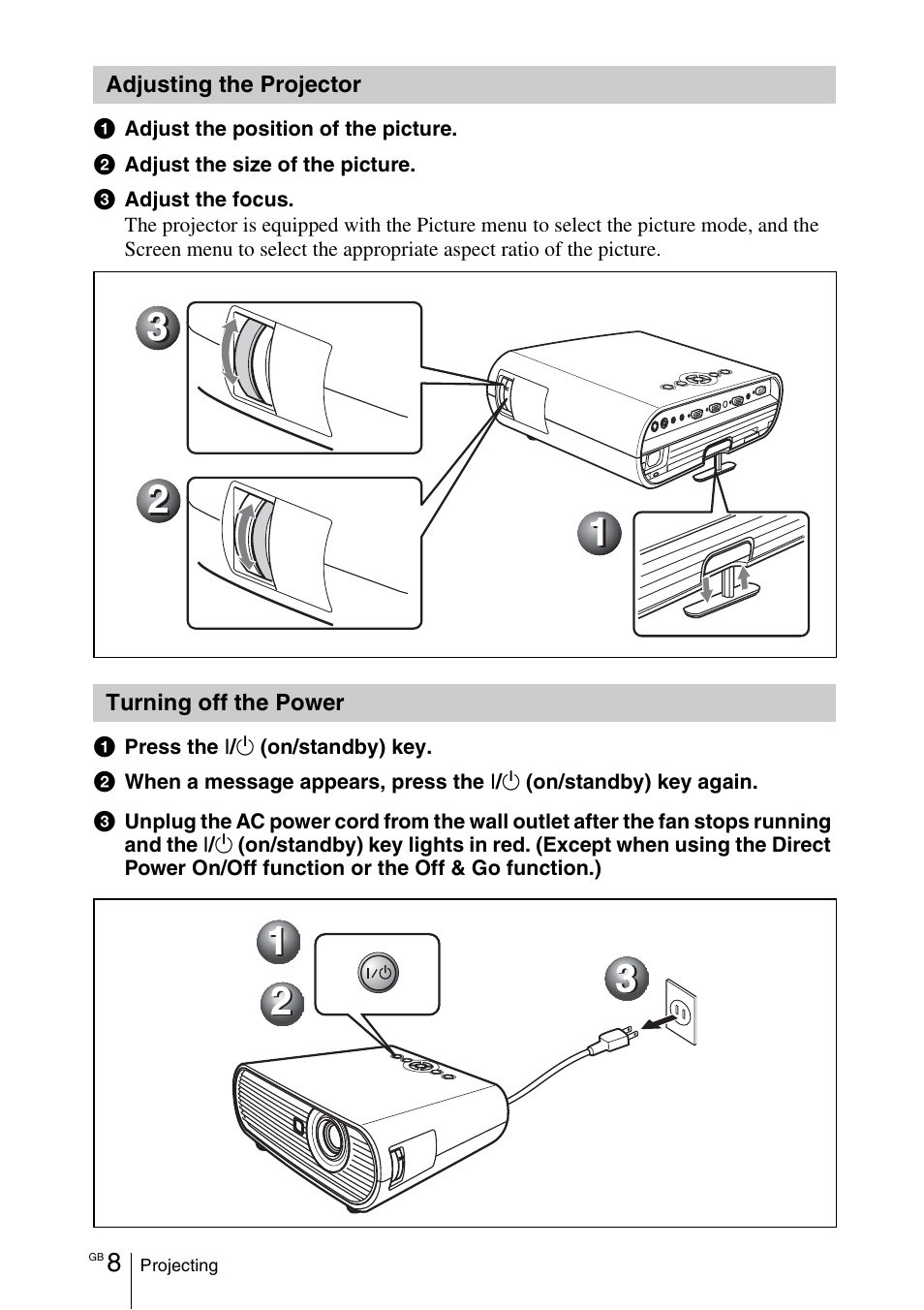 Adjusting the projector, Turning off the power | Sony VPL-EW5 User Manual | Page 24 / 107