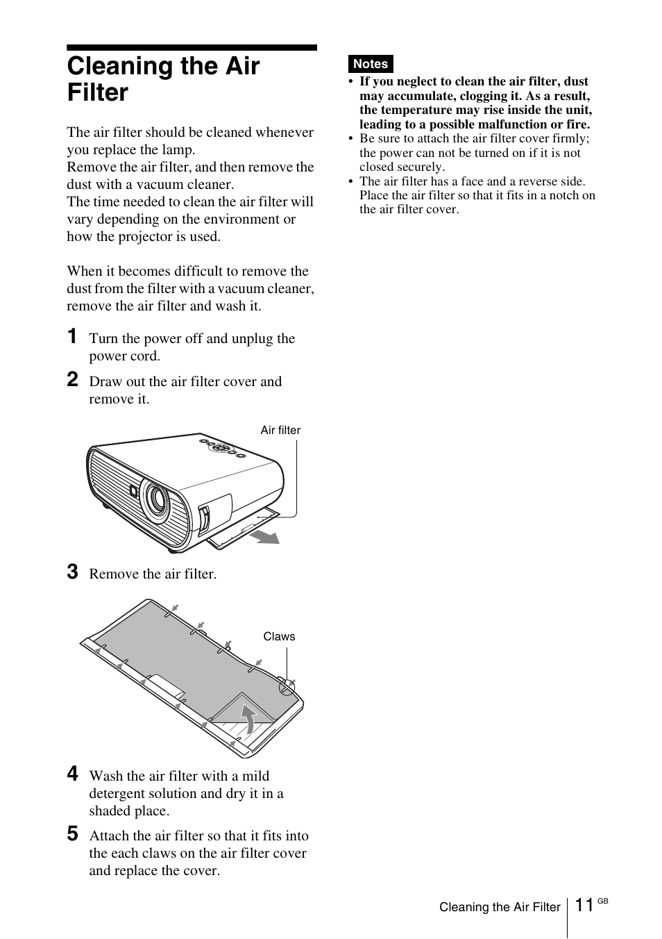Cleaning the air filter | Sony VPL-EW5 User Manual | Page 27 / 107