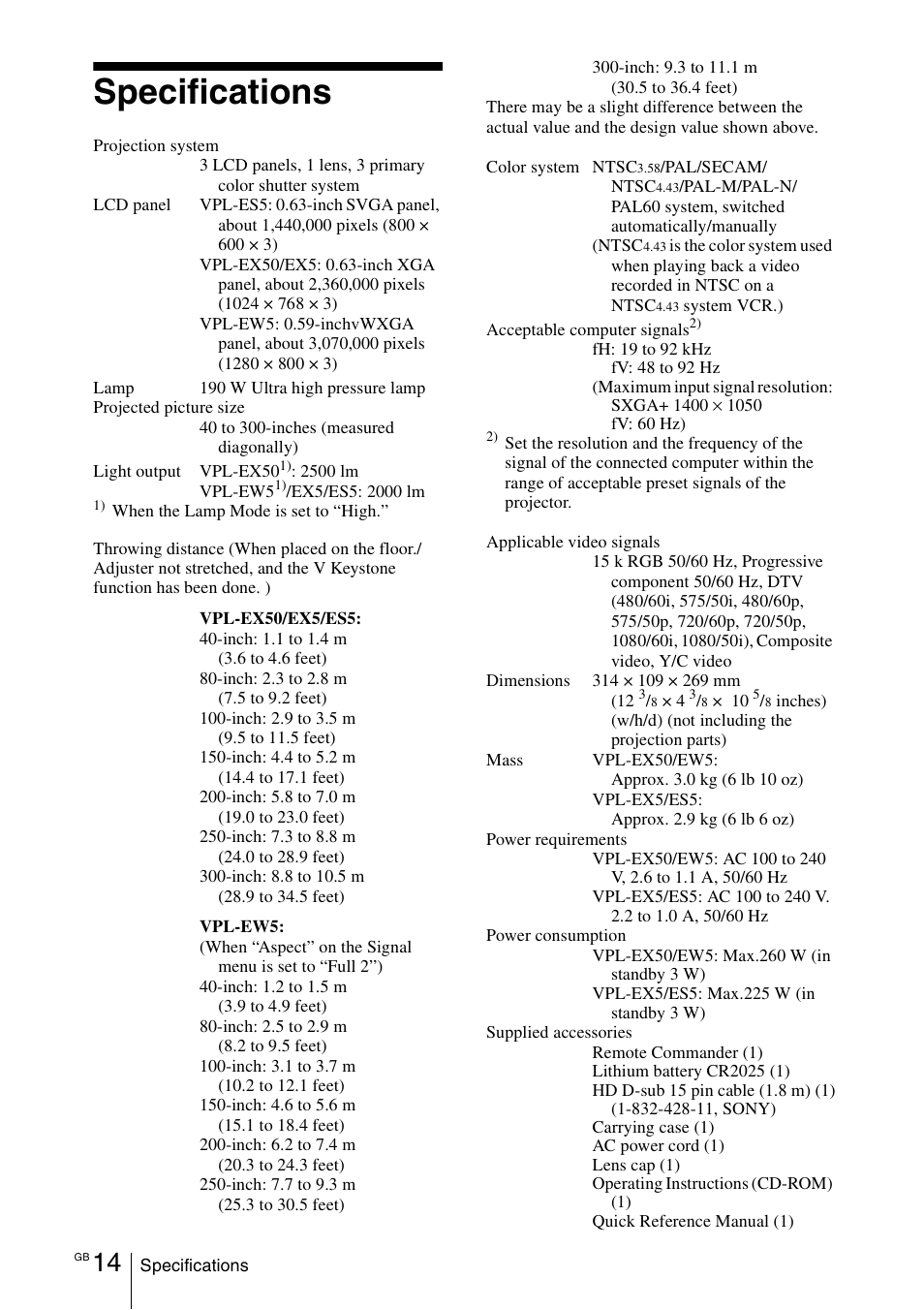 Specifications | Sony VPL-EW5 User Manual | Page 30 / 107