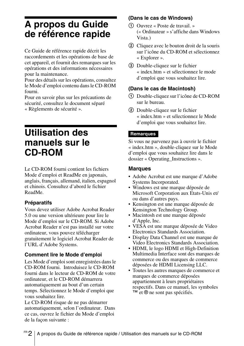 A propos du guide de référence rapide, Utilisation des manuels sur le cd-rom | Sony VPL-EW5 User Manual | Page 32 / 107