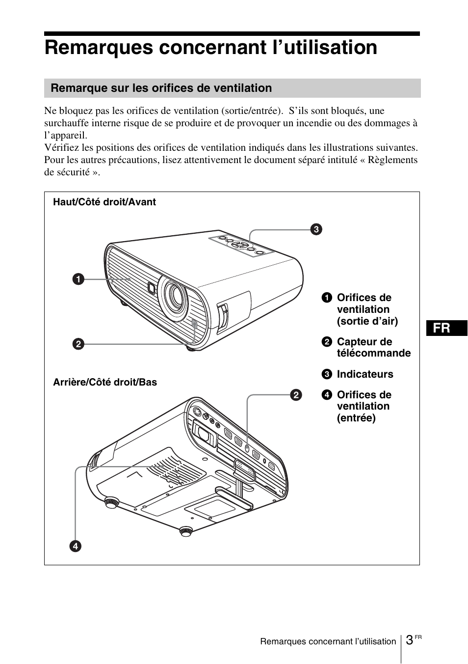 Remarques concernant l’utilisation, Remarque sur les orifices de ventilation | Sony VPL-EW5 User Manual | Page 33 / 107