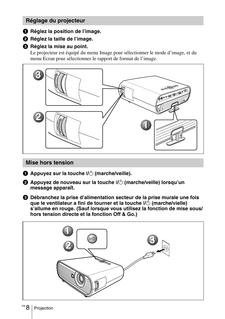 Réglage du projecteur, Mise hors tension | Sony VPL-EW5 User Manual | Page 38 / 107