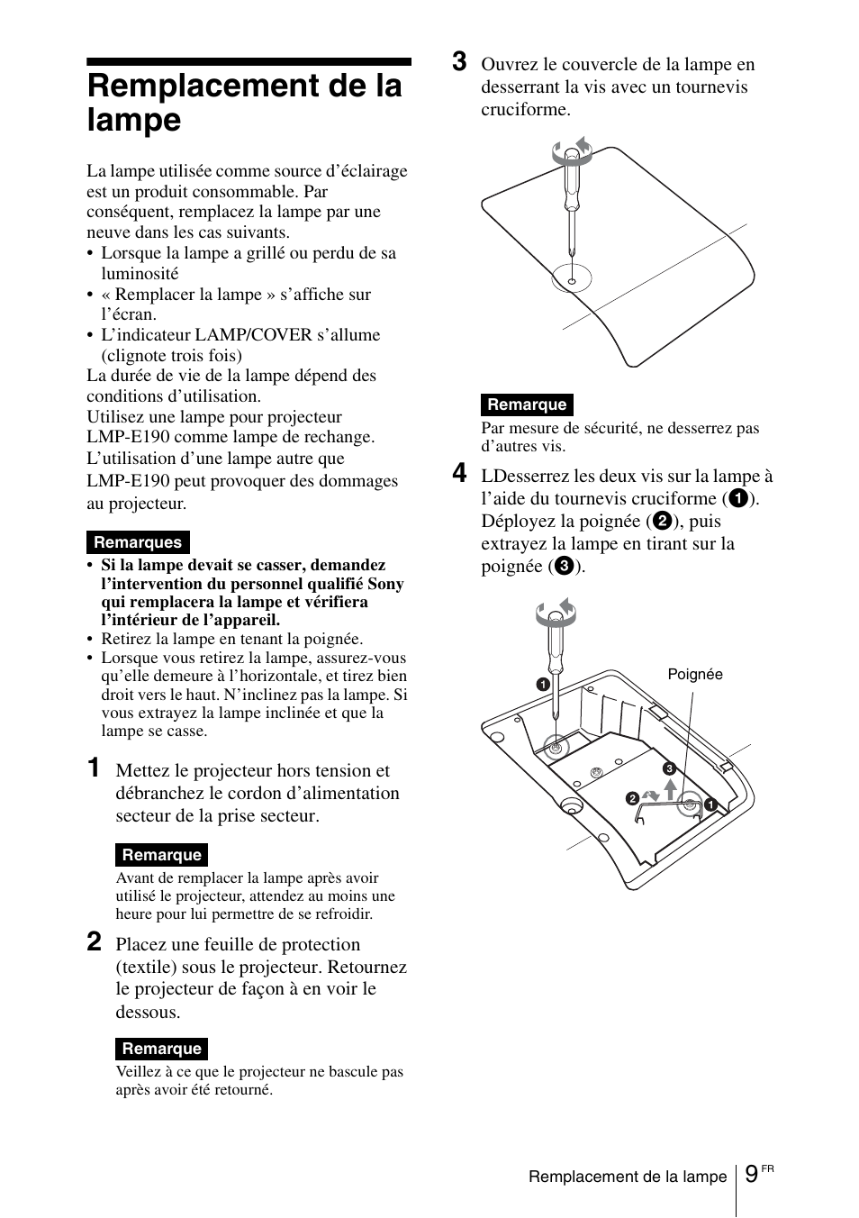 Remplacement de la lampe | Sony VPL-EW5 User Manual | Page 39 / 107