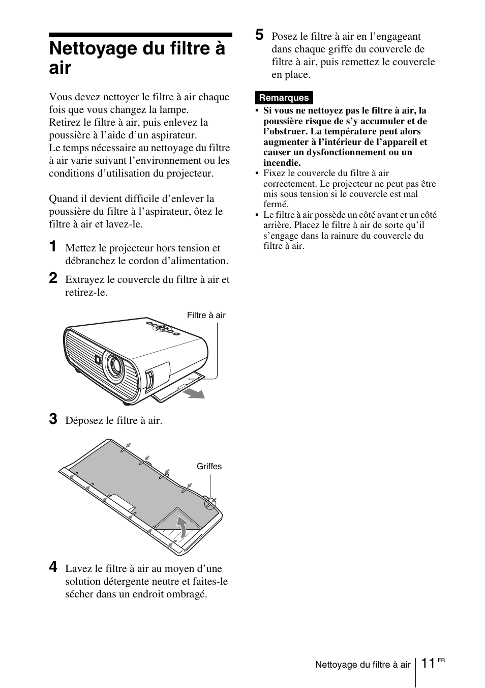 Nettoyage du filtre à air | Sony VPL-EW5 User Manual | Page 41 / 107