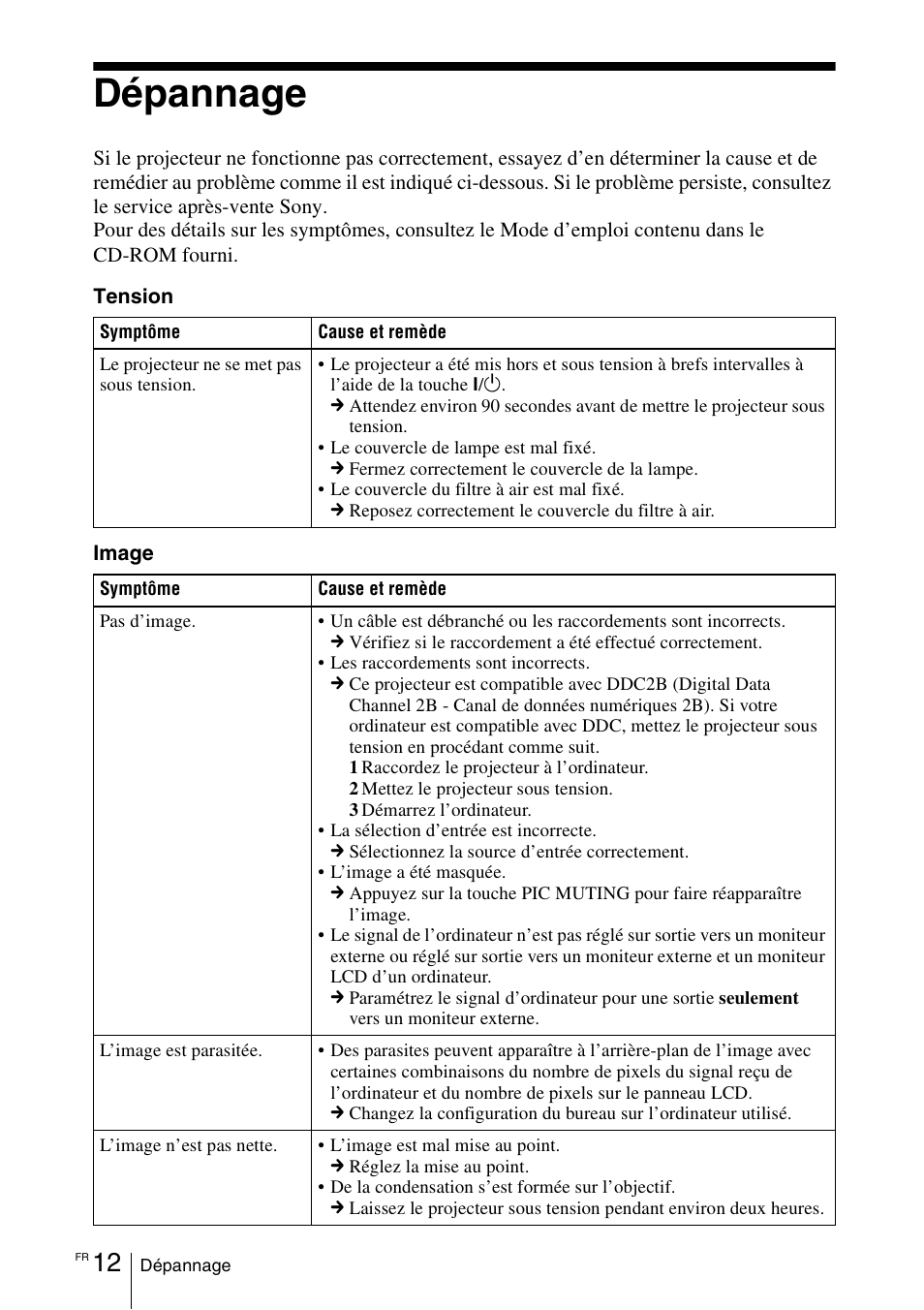 Dépannage | Sony VPL-EW5 User Manual | Page 42 / 107