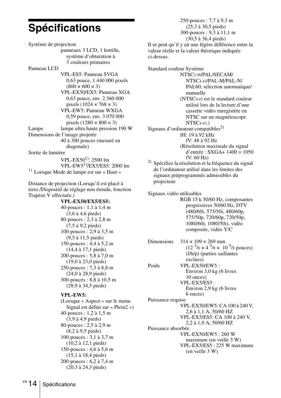 Spécifications | Sony VPL-EW5 User Manual | Page 44 / 107