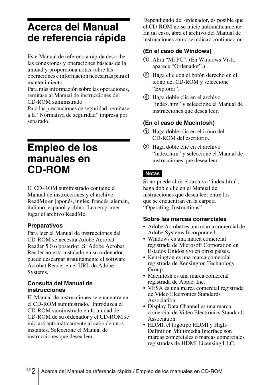 Acerca del manual de referencia rápida, Empleo de los manuales en cd-rom | Sony VPL-EW5 User Manual | Page 46 / 107