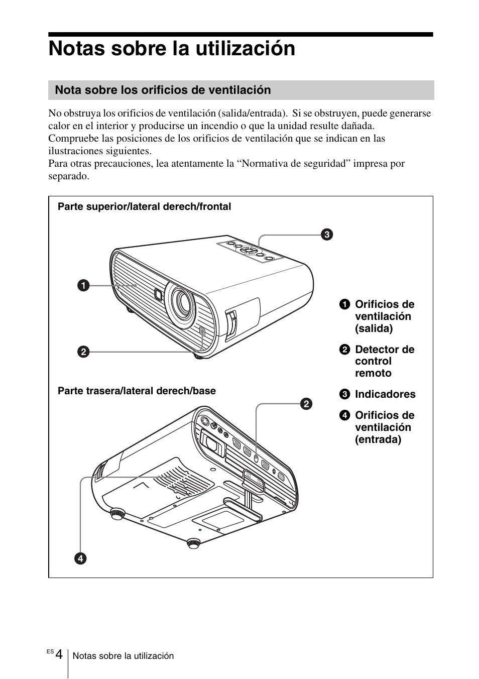 Notas sobre la utilización, Nota sobre los orificios de ventilación | Sony VPL-EW5 User Manual | Page 48 / 107