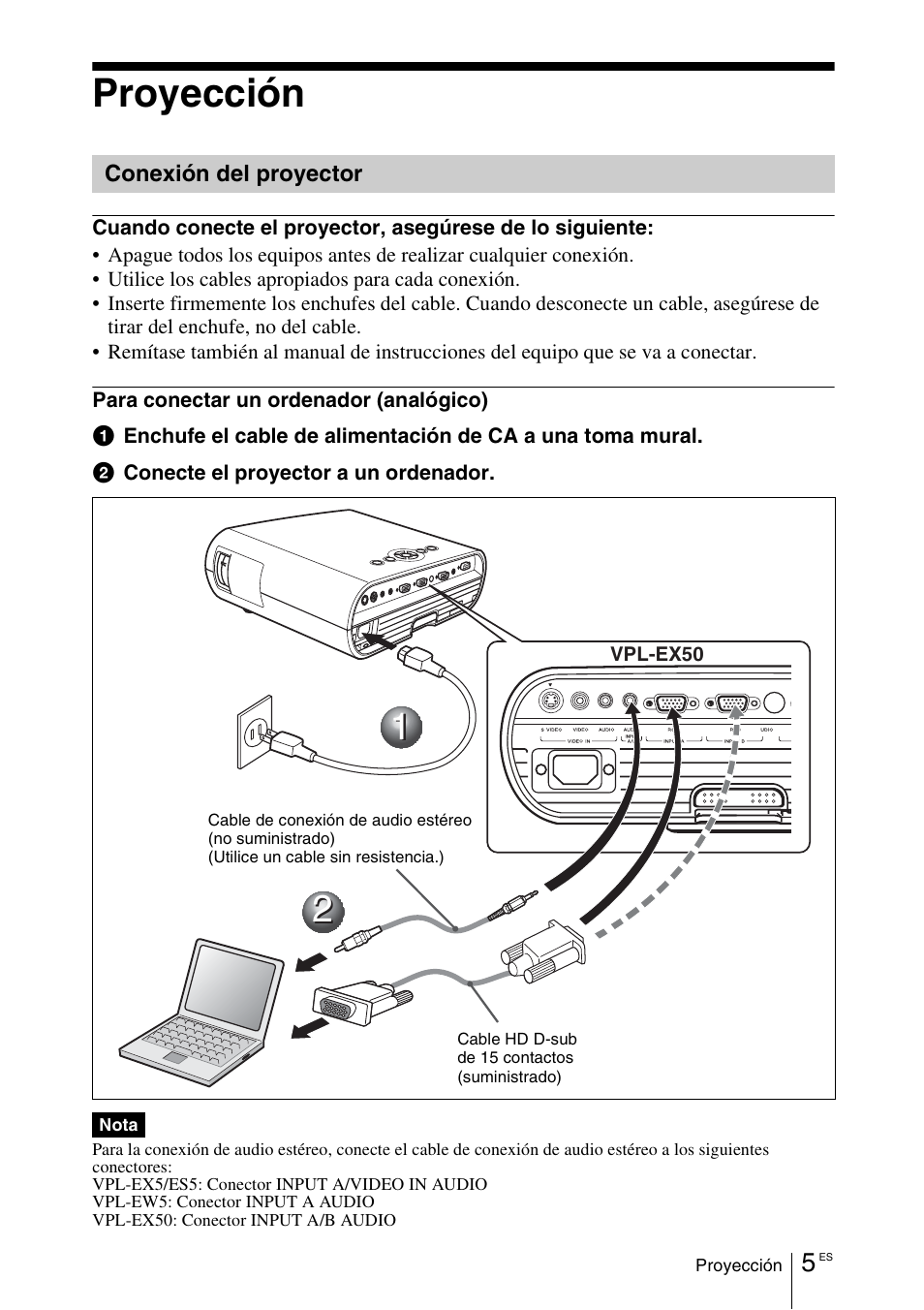 Proyección, Conexión del proyector | Sony VPL-EW5 User Manual | Page 49 / 107