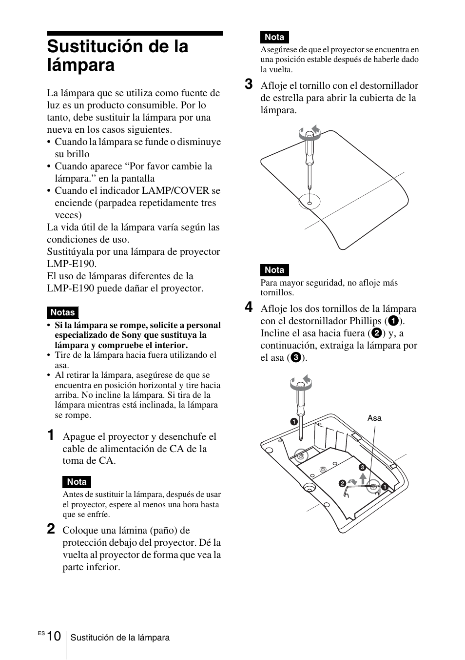 Sustitución de la lámpara | Sony VPL-EW5 User Manual | Page 54 / 107
