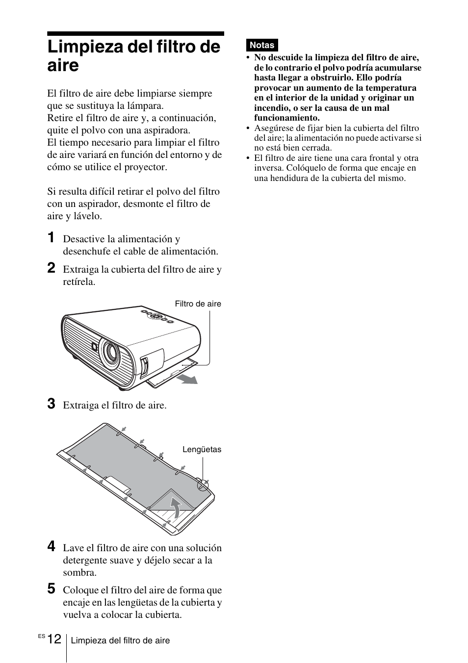 Limpieza del filtro de aire | Sony VPL-EW5 User Manual | Page 56 / 107
