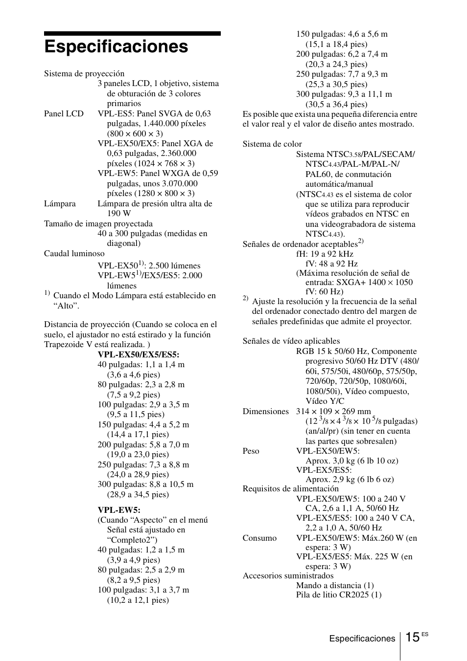 Especificaciones | Sony VPL-EW5 User Manual | Page 59 / 107