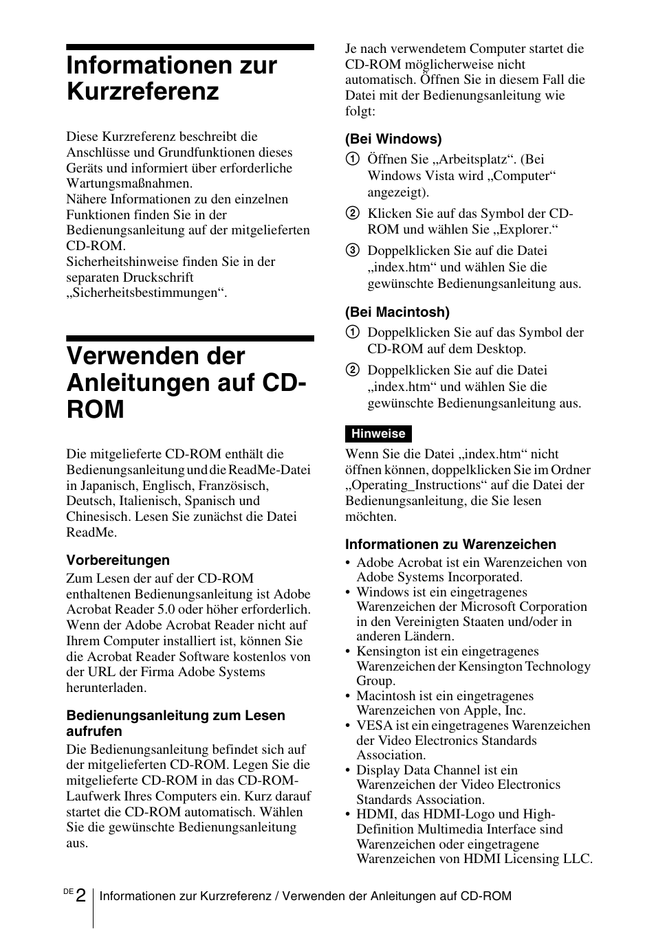 Informationen zur kurzreferenz, Verwenden der anleitungen auf cd-rom, Verwenden der anleitungen auf cd- rom | Sony VPL-EW5 User Manual | Page 62 / 107