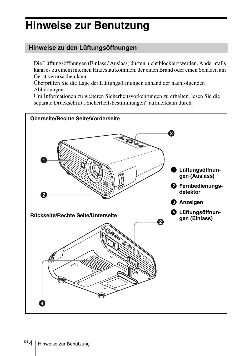 Hinweise zur benutzung, Hinweise zu den lüftungsöffnungen | Sony VPL-EW5 User Manual | Page 64 / 107