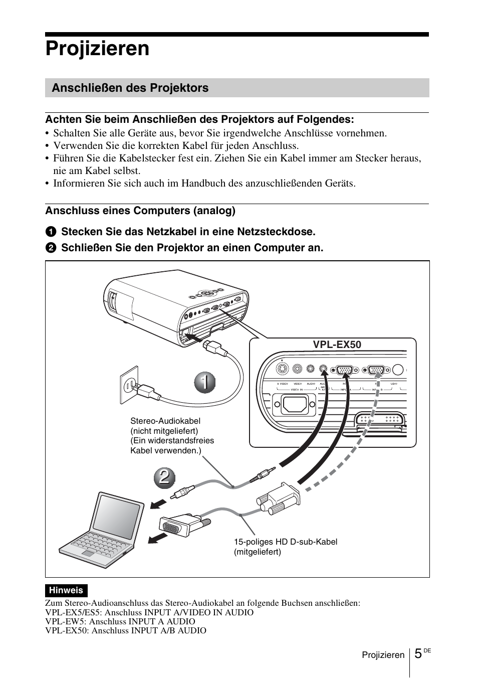 Projizieren, Anschließen des projektors | Sony VPL-EW5 User Manual | Page 65 / 107