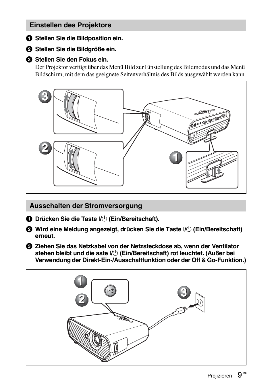 Einstellen des projektors, Ausschalten der stromversorgung | Sony VPL-EW5 User Manual | Page 69 / 107