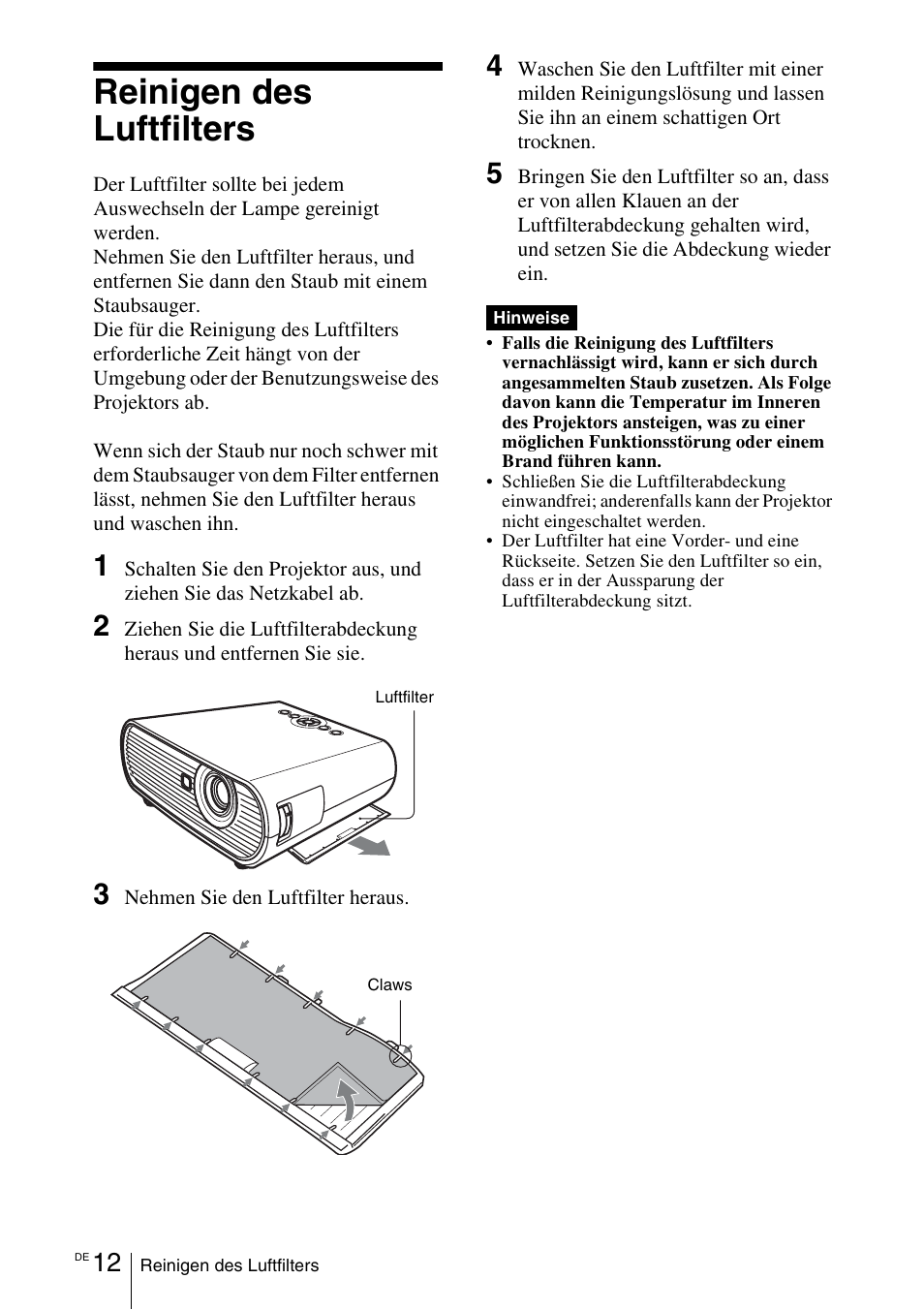 Reinigen des luftfilters | Sony VPL-EW5 User Manual | Page 72 / 107