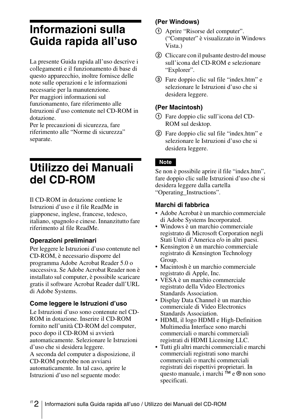 Informazioni sulla guida rapida all’uso, Utilizzo dei manuali del cd-rom | Sony VPL-EW5 User Manual | Page 78 / 107