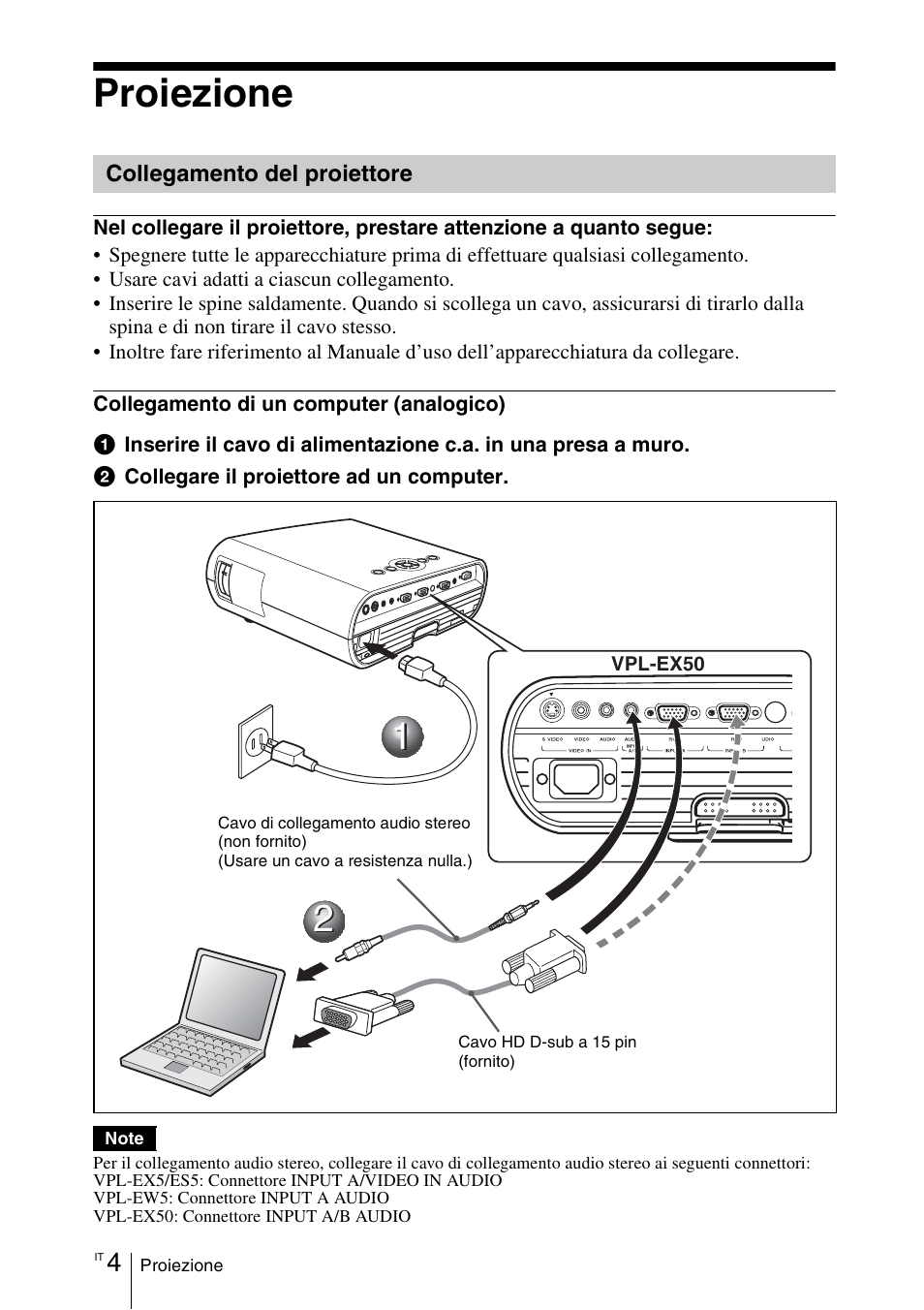 Proiezione, Collegamento del proiettore | Sony VPL-EW5 User Manual | Page 80 / 107