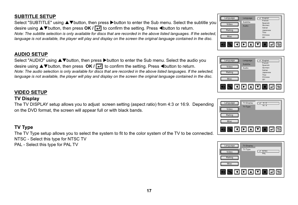 Subtitle setup, Audio setup, Video setup tv display | Tv type | Audiovox HR7008APKG User Manual | Page 17 / 28