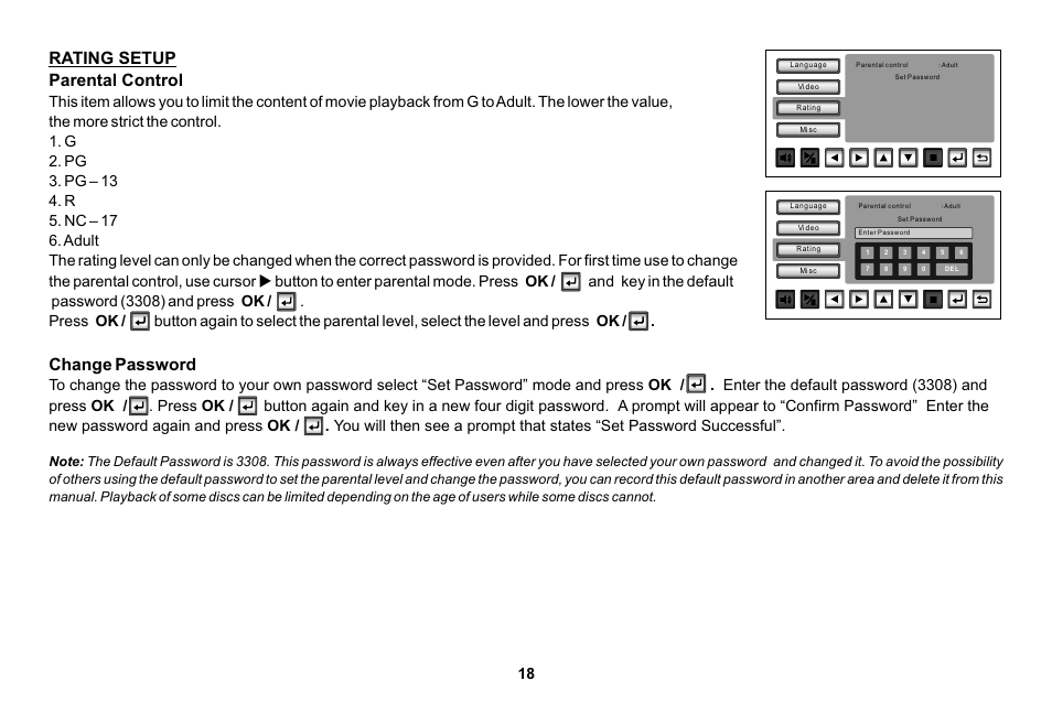 Rating setup parental control, Change password | Audiovox HR7008APKG User Manual | Page 18 / 28