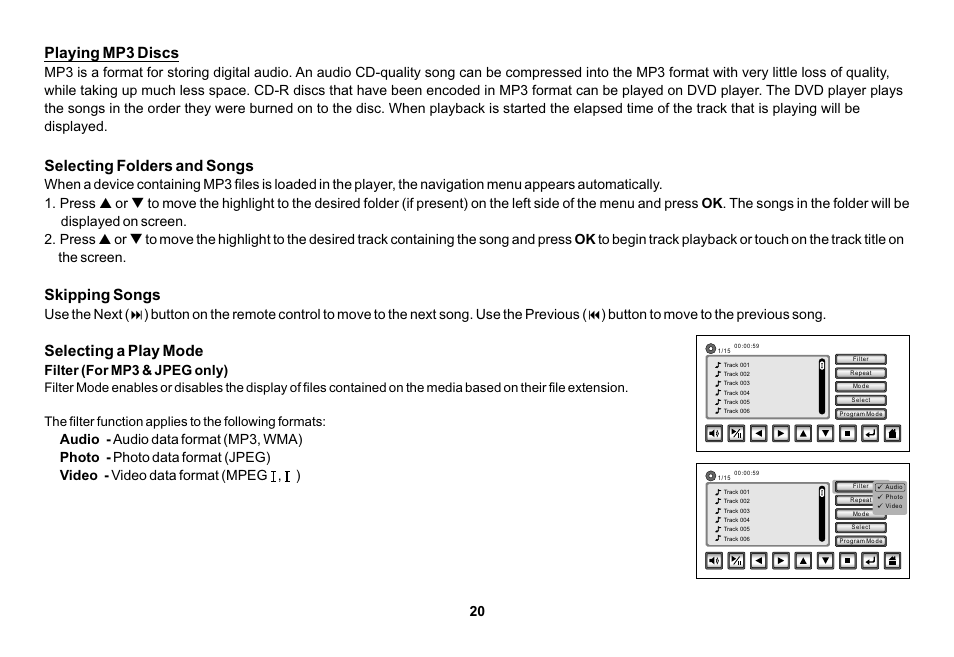 Playing mp3 discs, Selecting folders and songs, Skipping songs | Selecting a play mode, Filter (for mp3 & jpeg only) | Audiovox HR7008APKG User Manual | Page 20 / 28