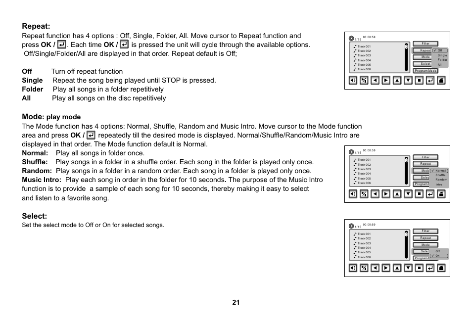 Repeat, Mode, Select | Audiovox HR7008APKG User Manual | Page 21 / 28