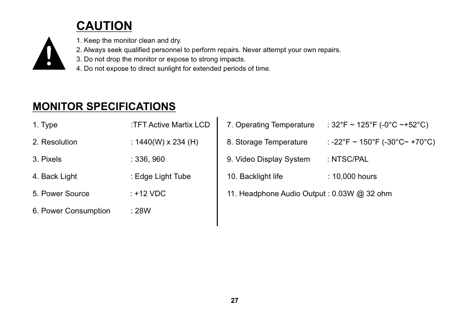 Caution, Monitor specifications | Audiovox HR7008APKG User Manual | Page 27 / 28