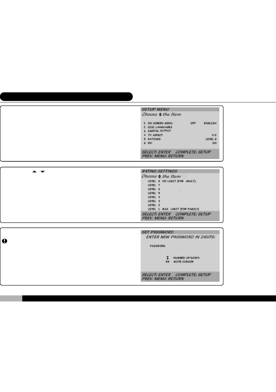 52 13³]©w±k½x»p«oå@¼h¯е(дт), Setting the password and rating | Audiovox D1700 User Manual | Page 52 / 61