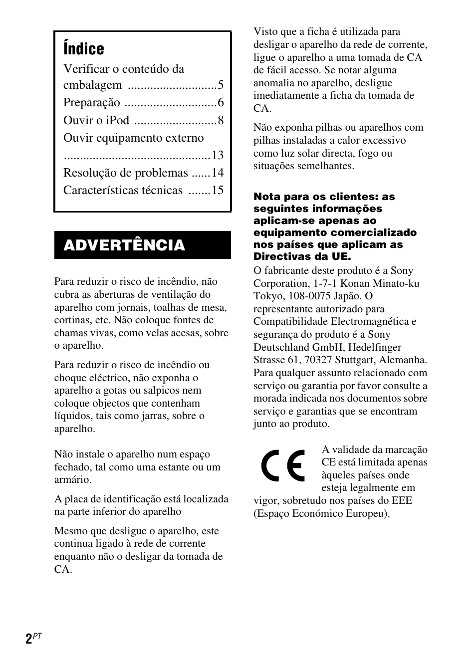 Índice, Advertência | Sony SRS-GU10iP User Manual | Page 100 / 116