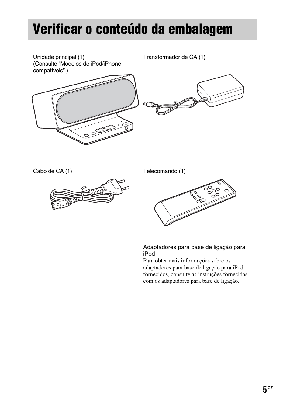 Verificar o conteúdo da embalagem | Sony SRS-GU10iP User Manual | Page 103 / 116