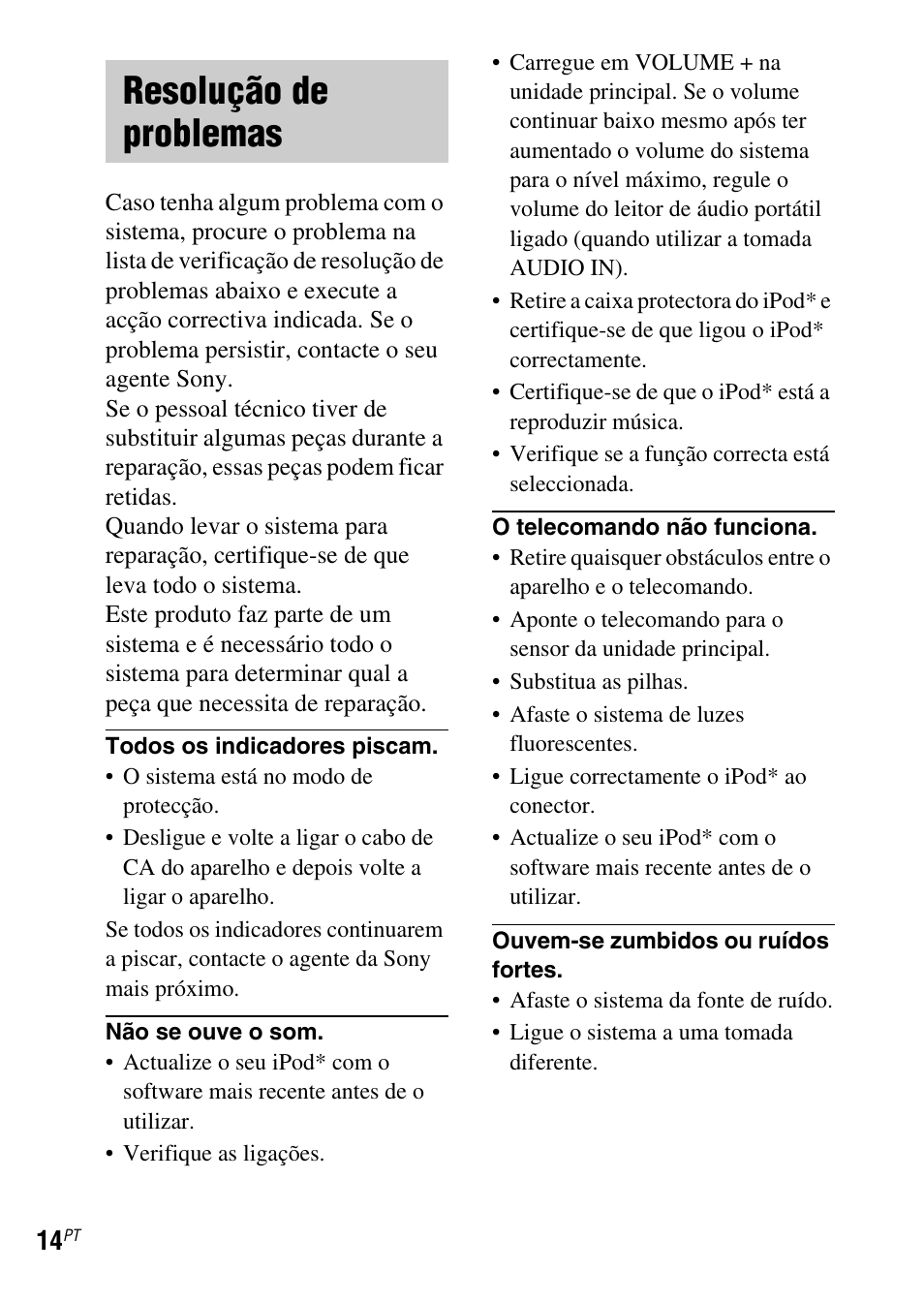 Resolução de problemas | Sony SRS-GU10iP User Manual | Page 112 / 116