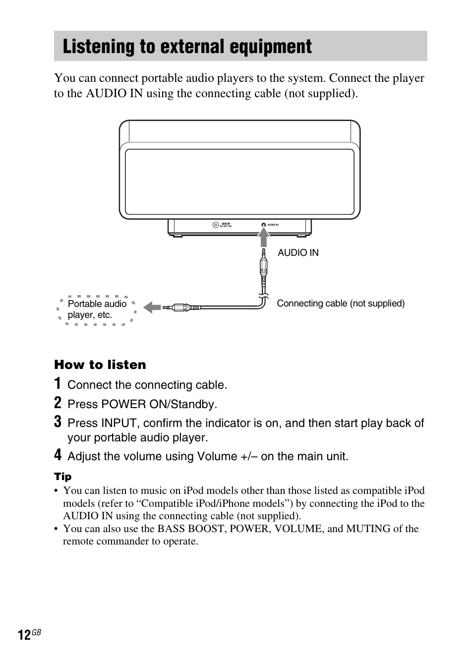 Listening to external equipment | Sony SRS-GU10iP User Manual | Page 12 / 116