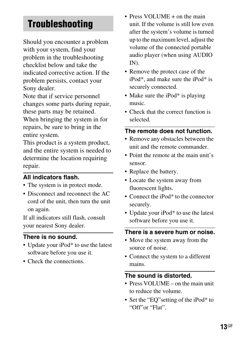 Troubleshooting | Sony SRS-GU10iP User Manual | Page 13 / 116