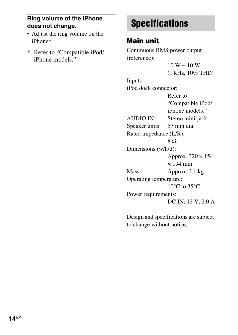 Specifications | Sony SRS-GU10iP User Manual | Page 14 / 116