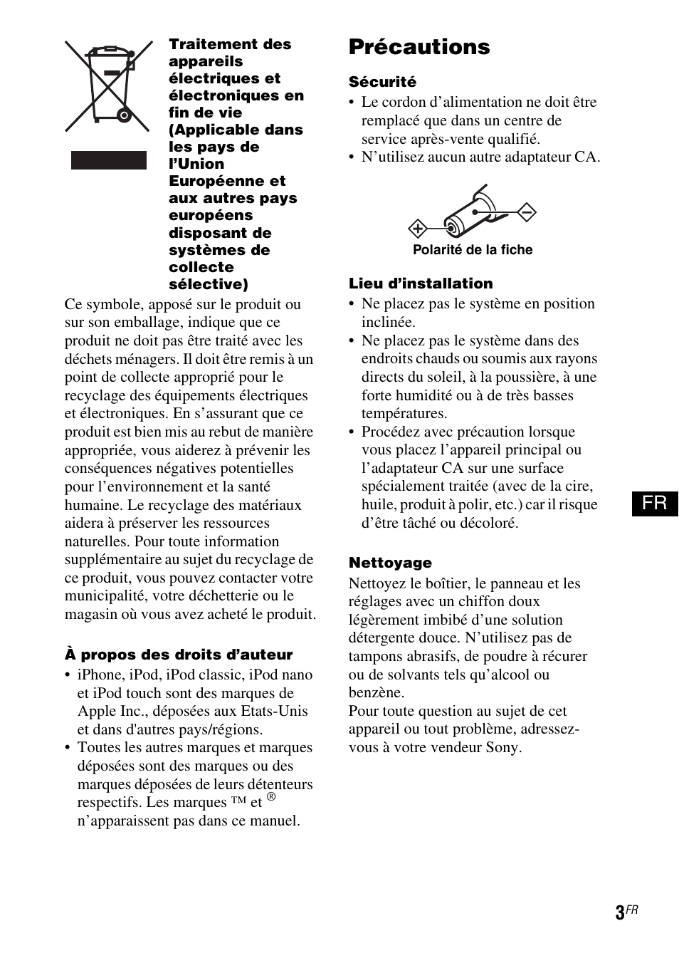 Précautions | Sony SRS-GU10iP User Manual | Page 17 / 116