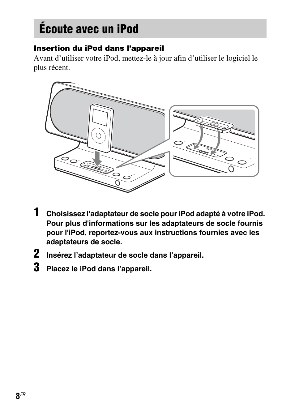 Écoute avec un ipod | Sony SRS-GU10iP User Manual | Page 22 / 116