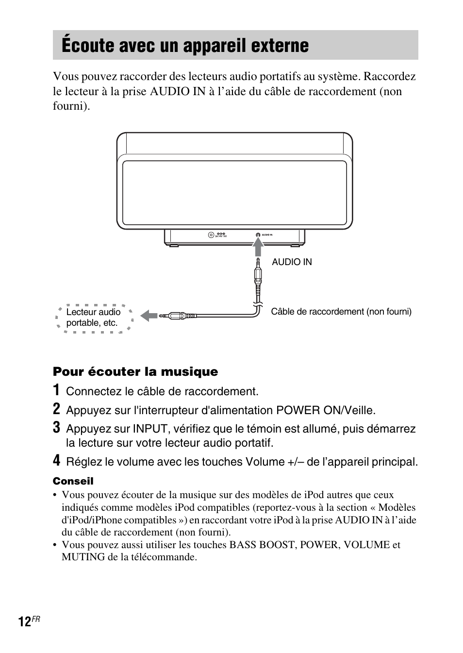 Écoute avec un appareil externe | Sony SRS-GU10iP User Manual | Page 26 / 116