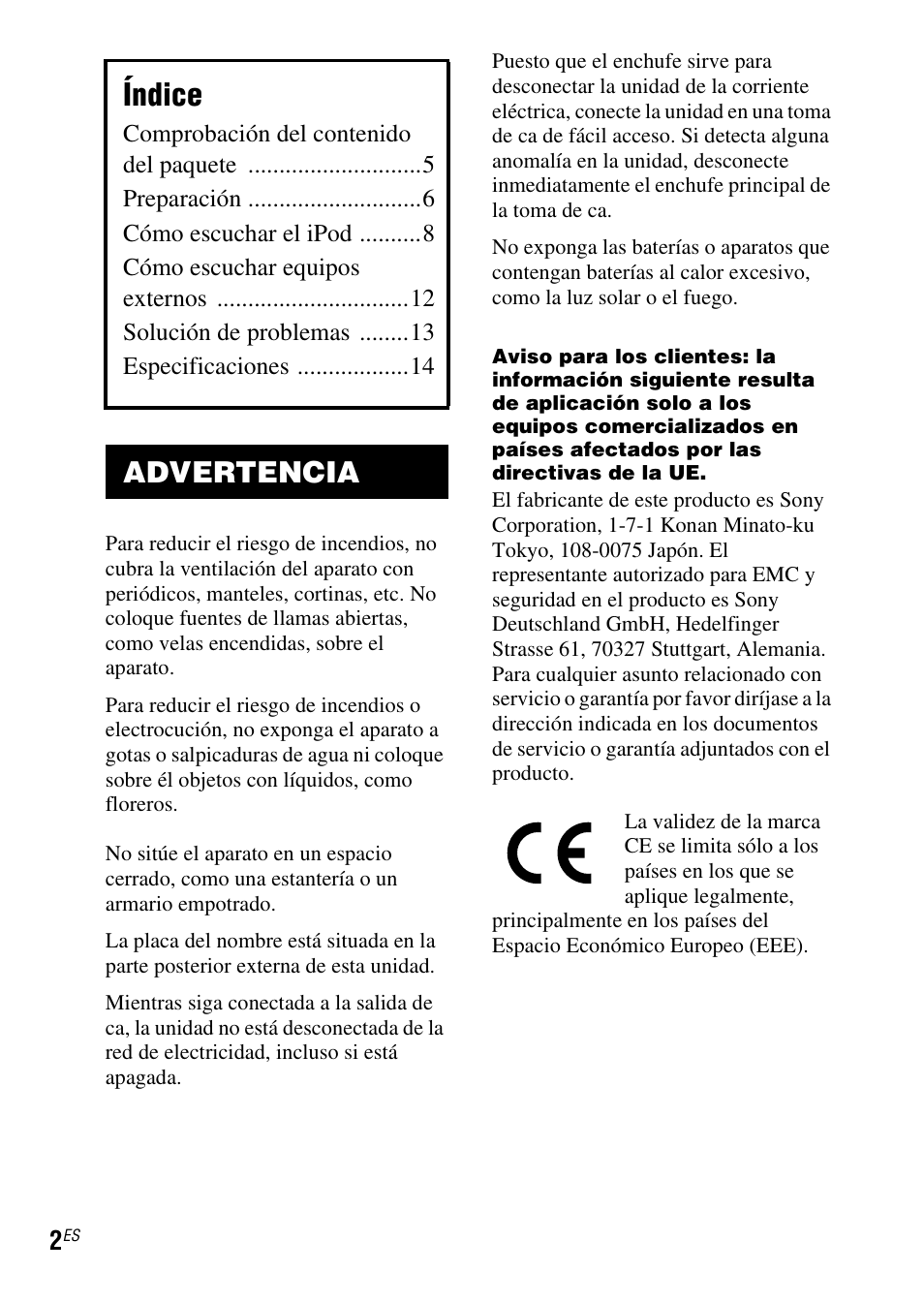 Índice, Advertencia | Sony SRS-GU10iP User Manual | Page 30 / 116