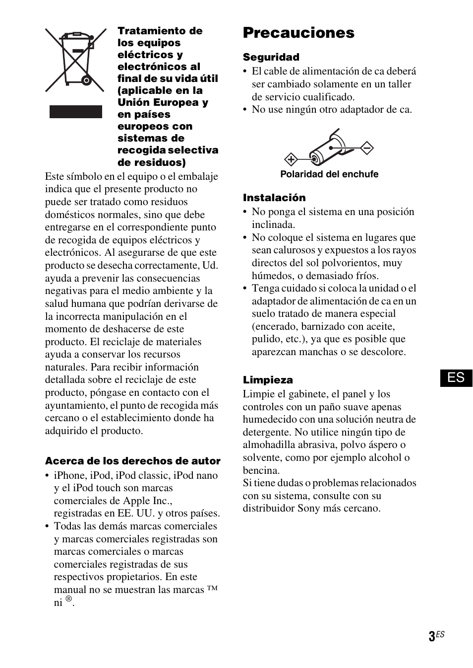 Precauciones | Sony SRS-GU10iP User Manual | Page 31 / 116