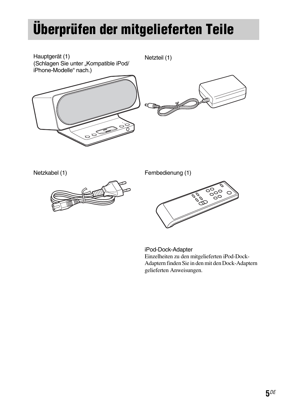 Überprüfen der mitgelieferten teile | Sony SRS-GU10iP User Manual | Page 47 / 116