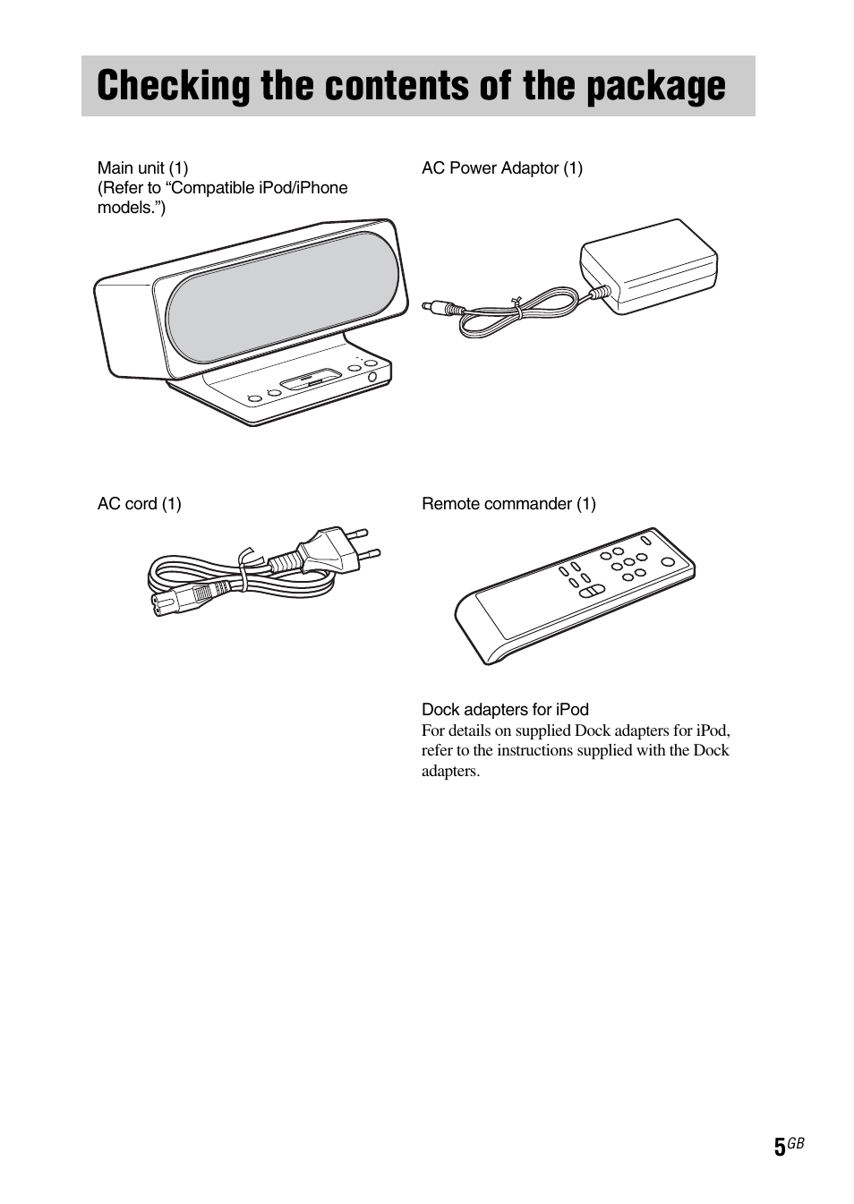 Checking the contents of the package | Sony SRS-GU10iP User Manual | Page 5 / 116