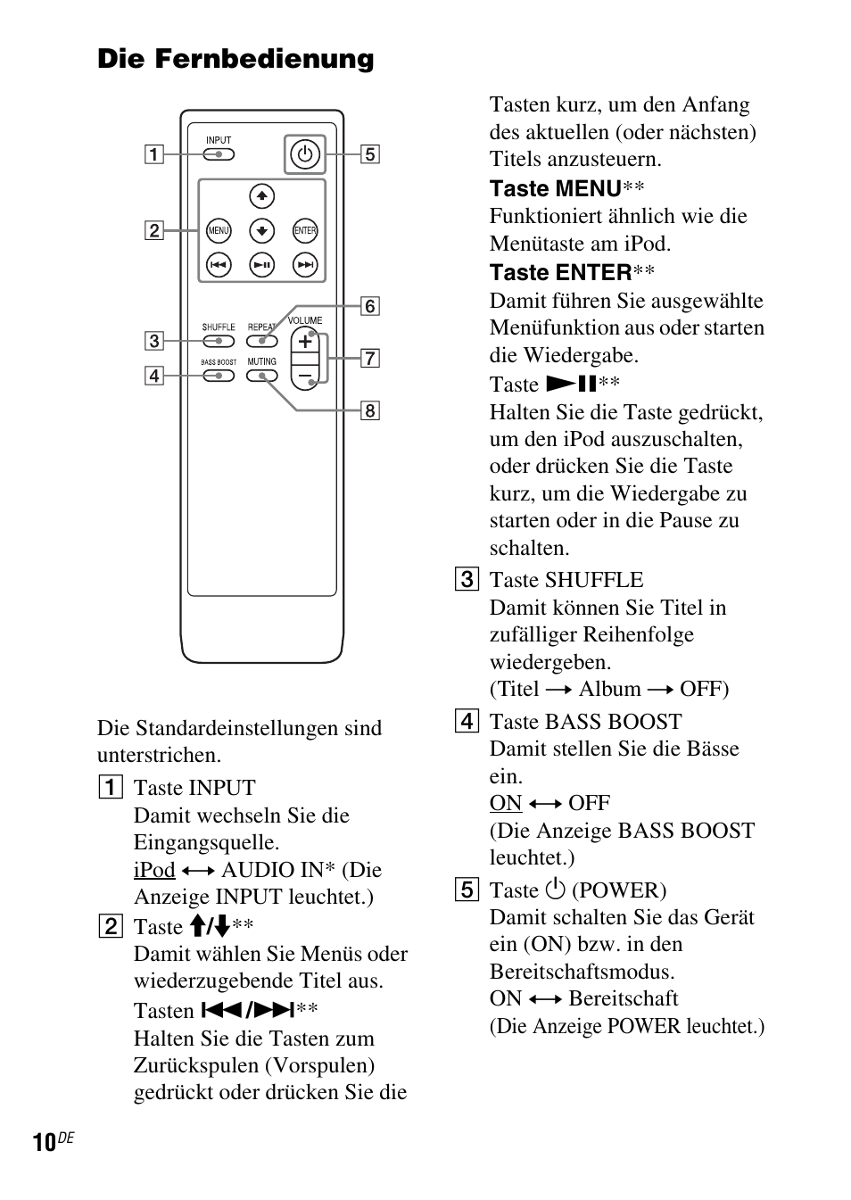 Die fernbedienung | Sony SRS-GU10iP User Manual | Page 52 / 116