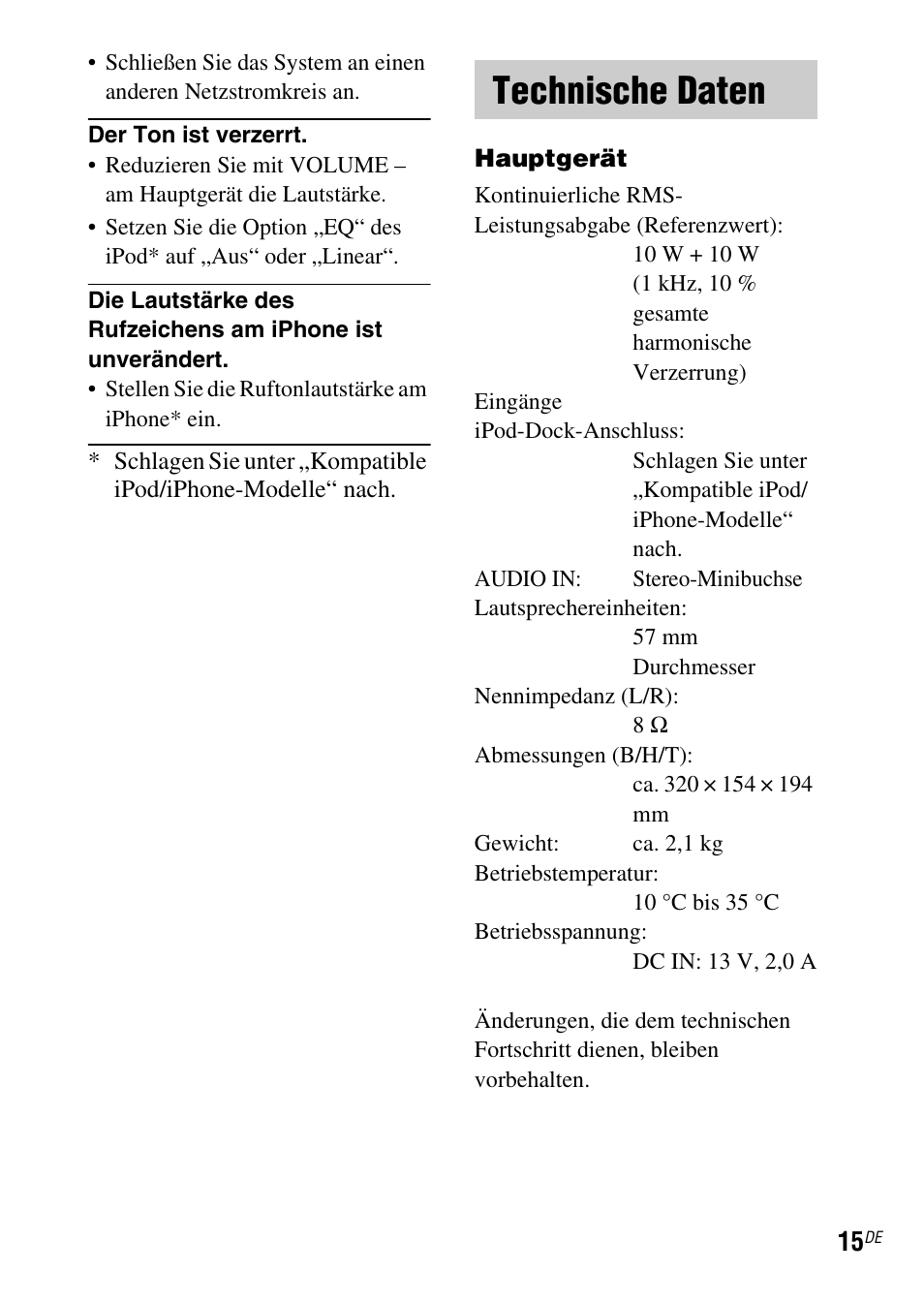 Technische daten | Sony SRS-GU10iP User Manual | Page 57 / 116